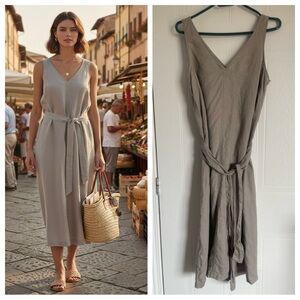 Adrienne Vittadini Neutral Linen Midi Dress Small Coastal Grandma Quiet Luxury